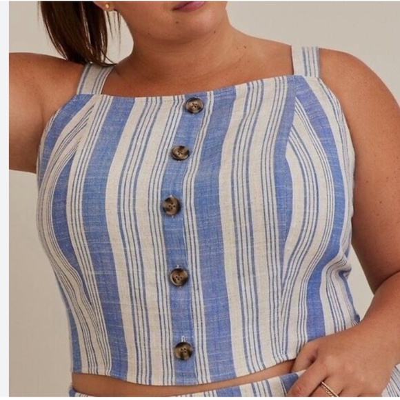 TORRID 4 Plus Size Linen Blend Button Crop Tank Top Beige Blue Stripe 4X - Picture 1 of 9